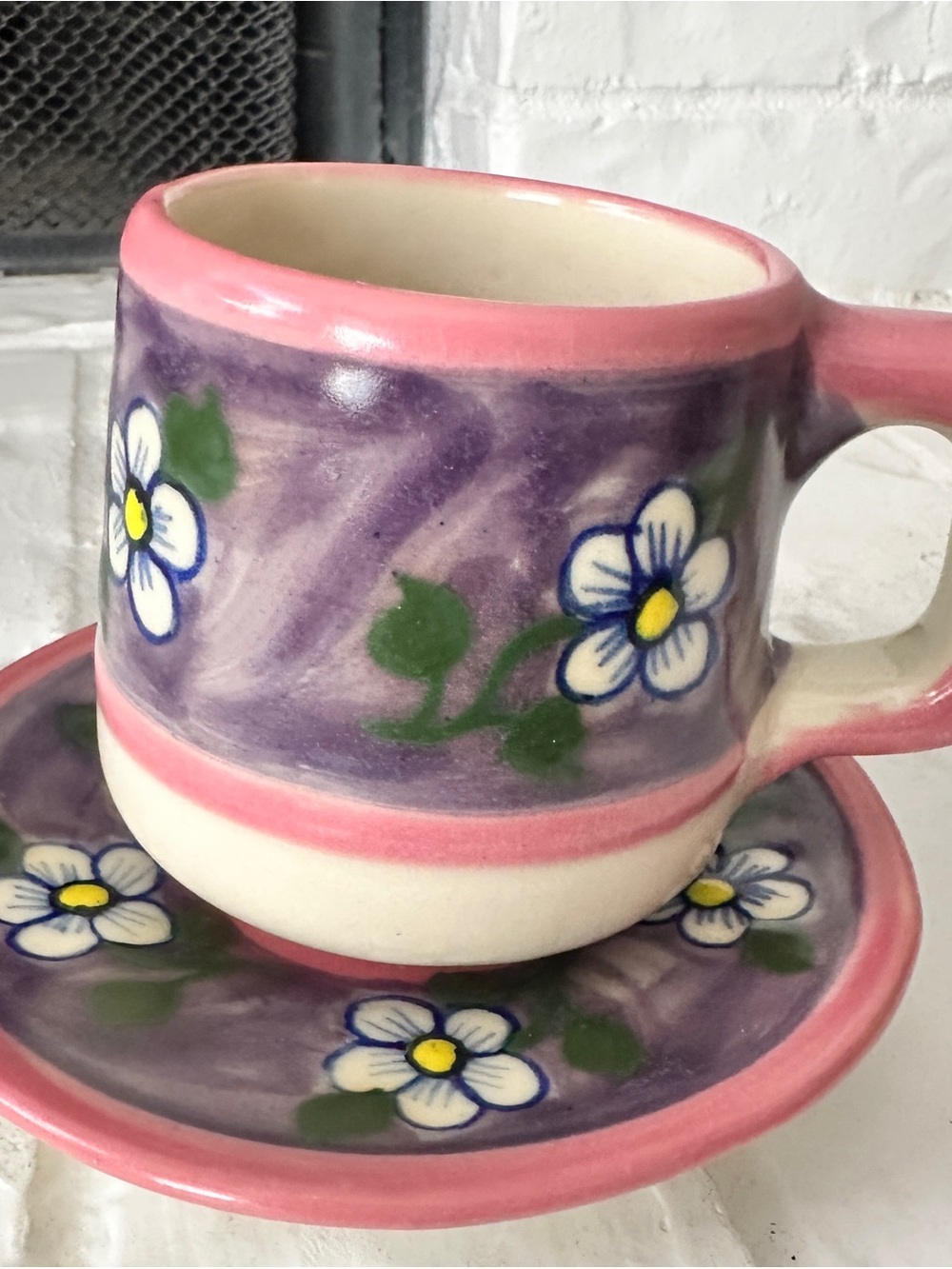 Hand-Painted Floral Ceramic Cup & Saucer  Pink Purple Mexico signed daisy blue